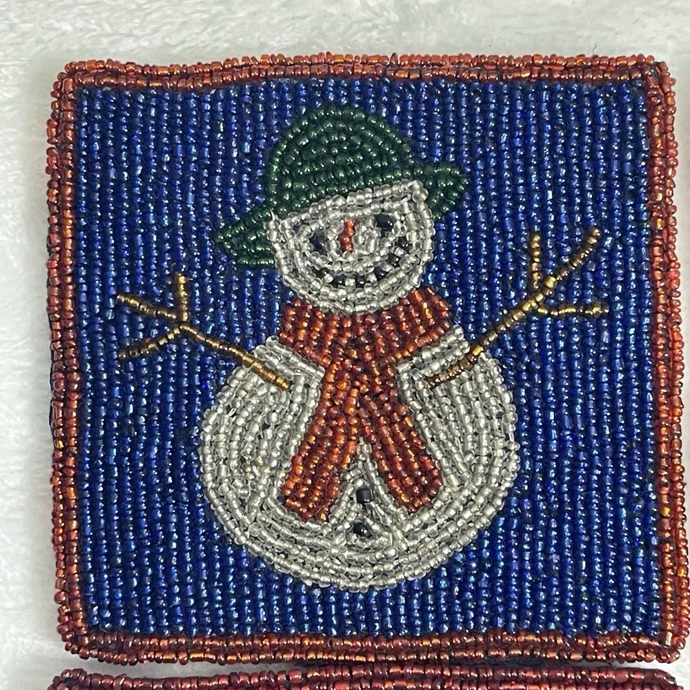 Crate‎ & Barrel Beaded Snowman Coasters Silk Set of Four Christmas Winter Table